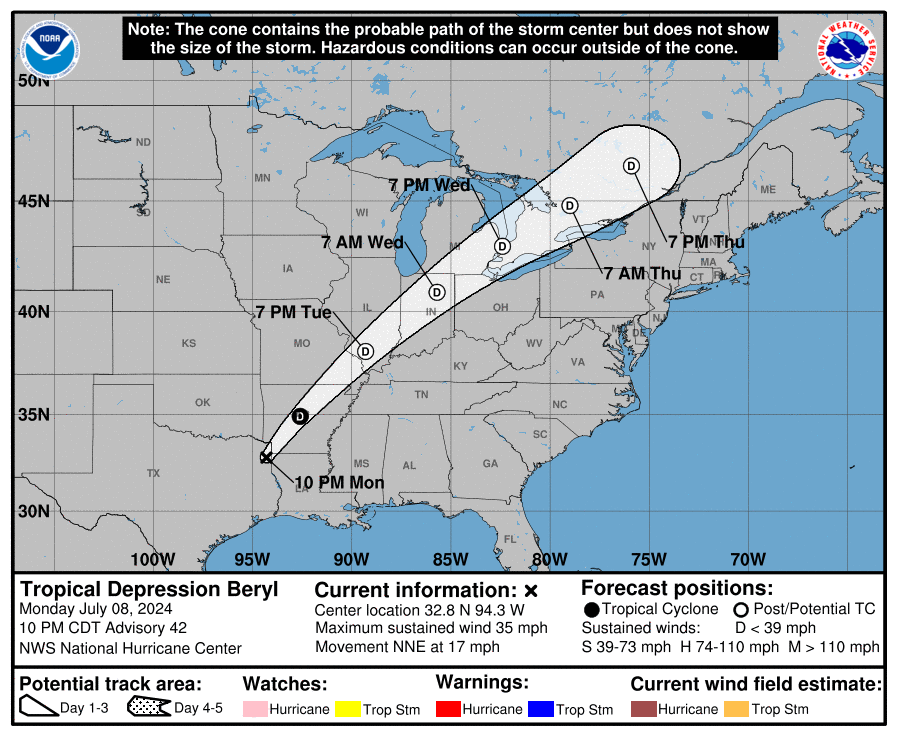 Beryl’s projected path after it slams Texas