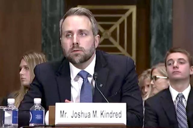 <p>Joshua Kindred speaks during a judicial nomination hearing at the US Senate Committee on the Judiciary in Washington, DC on December 4, 2019. </p>