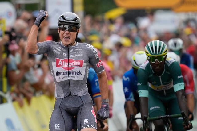 Jasper Philipsen put the frustrations of last week behind him to win stage 10 of the Tour de France (Jerome Delay/AP)