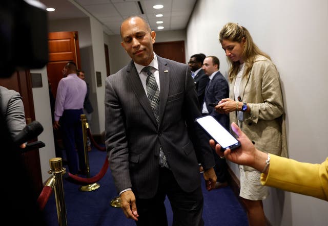 <p>House Democratic leader Hakeem Jeffries speaks with reporters after leaving a meeting of his caucus on Monday, July 8.</p>