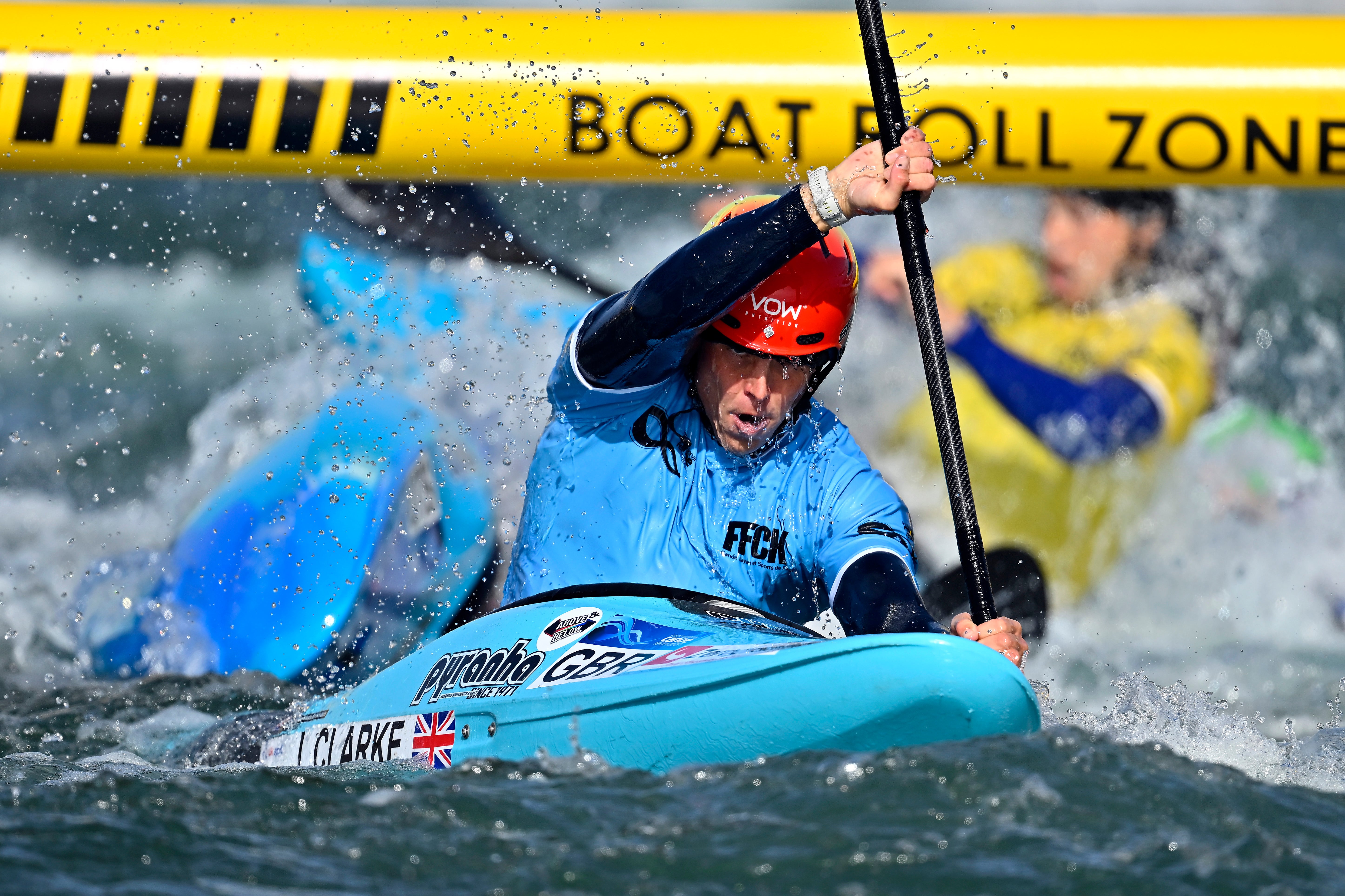 Joe Clarke of Great Britain competes in the Men’s Kayak Cross at the 2023 ICF Canoe Slalom World Cup slalom at Vaires-Sur-Marne Nautical Stadium