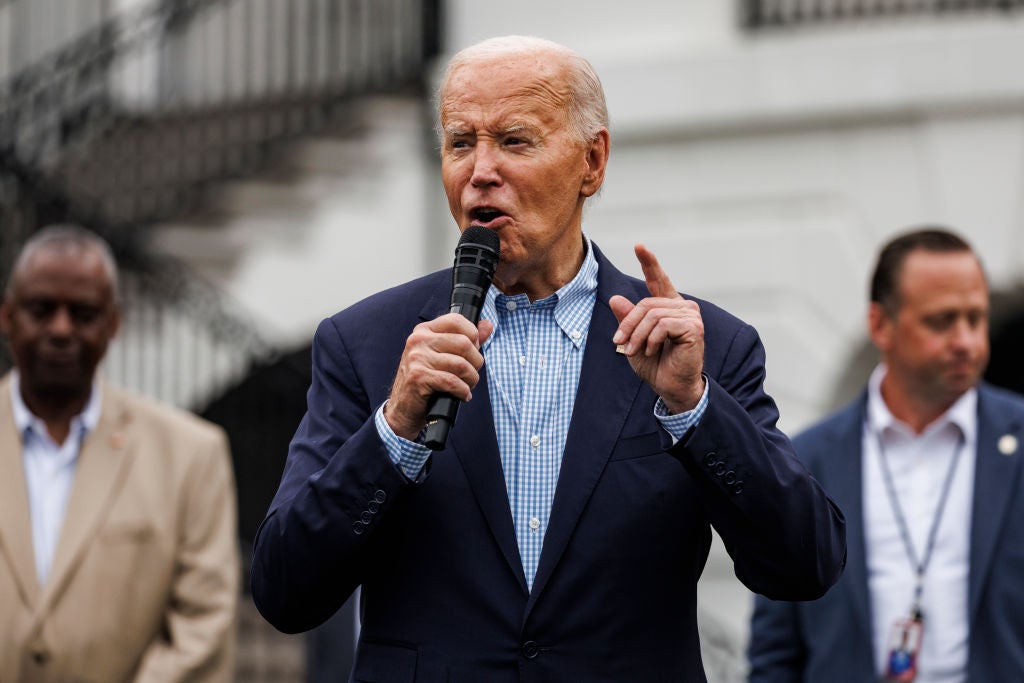 President Joe Biden speaks on the White House lawn during a Fourth of July celebration