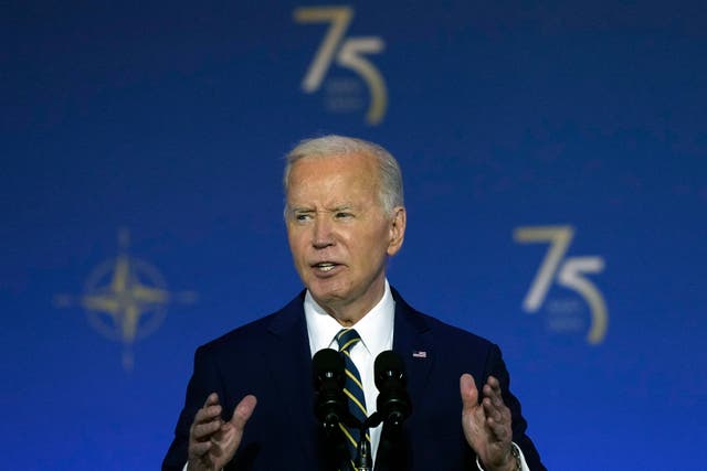 <p>President Joe Biden speaks during an event commemorating the 75th Anniversary of NATO at the Andrew W. Mellon Auditorium on the sidelines of the NATO summit in Washington on Tuesday, July 9, 2024</p>