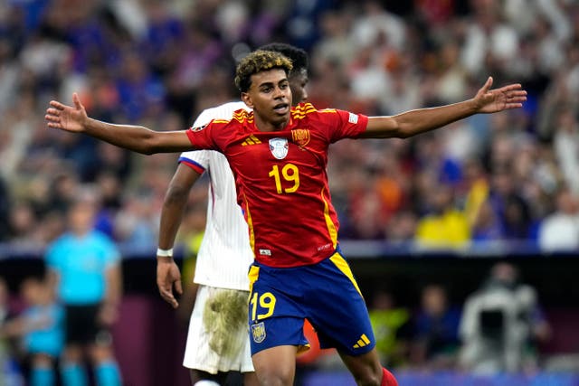 <p>Spain’s Lamine Yamal during a semifinal match between Spain and France</p>