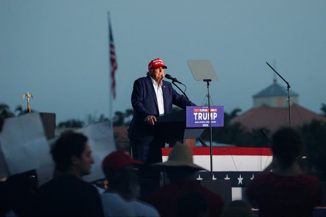 <p>Republican presidential candidate and former U.S. President Donald Trump speaks during a campaign rally at his golf resort in Doral, Florida on July 9, 2024</p>