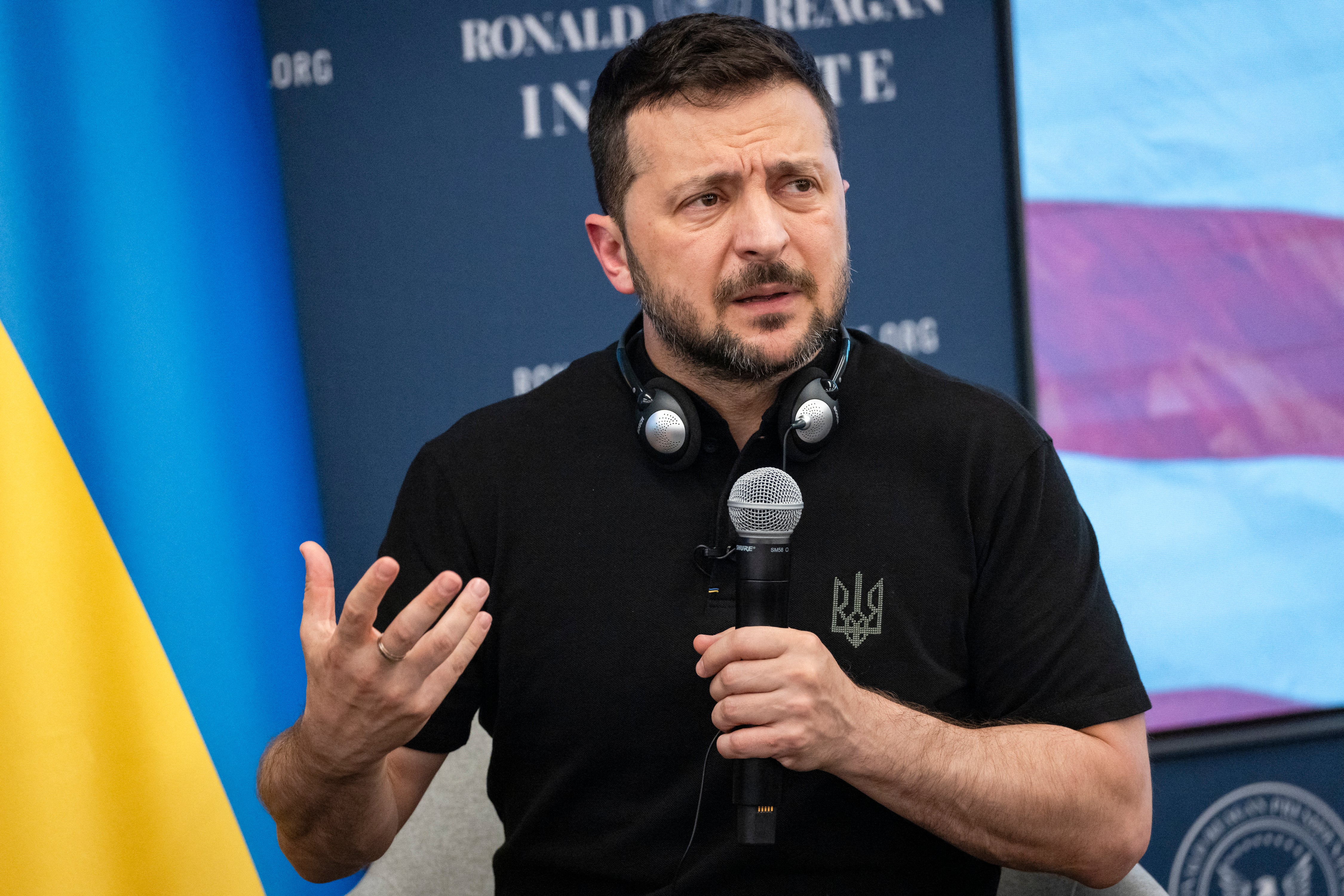 Ukrainian President Volodymyr Zelensky speaks at the Ronald Reagan Presidential Foundation and Institute in Washington, DC