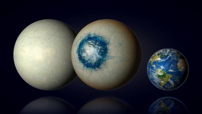 Temperate exoplanet LHS 1140 b may be a world completely covered in ice (left) similar to Jupiter’s moon Europa or may be an ice world with a liquid substellar ocean and a cloudy atmosphere (centre)