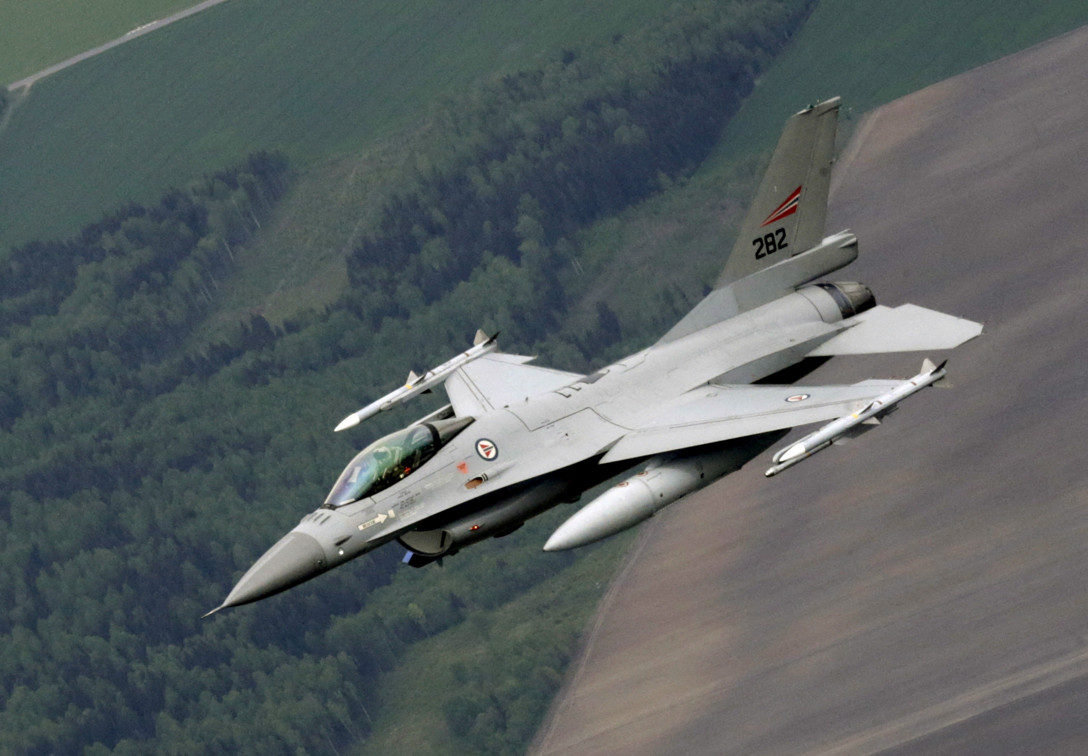 A Norwegian Air Force F-16 fighter patrols over the Baltics during a Nato air policing mission from Zokniai airbase near Siauliai