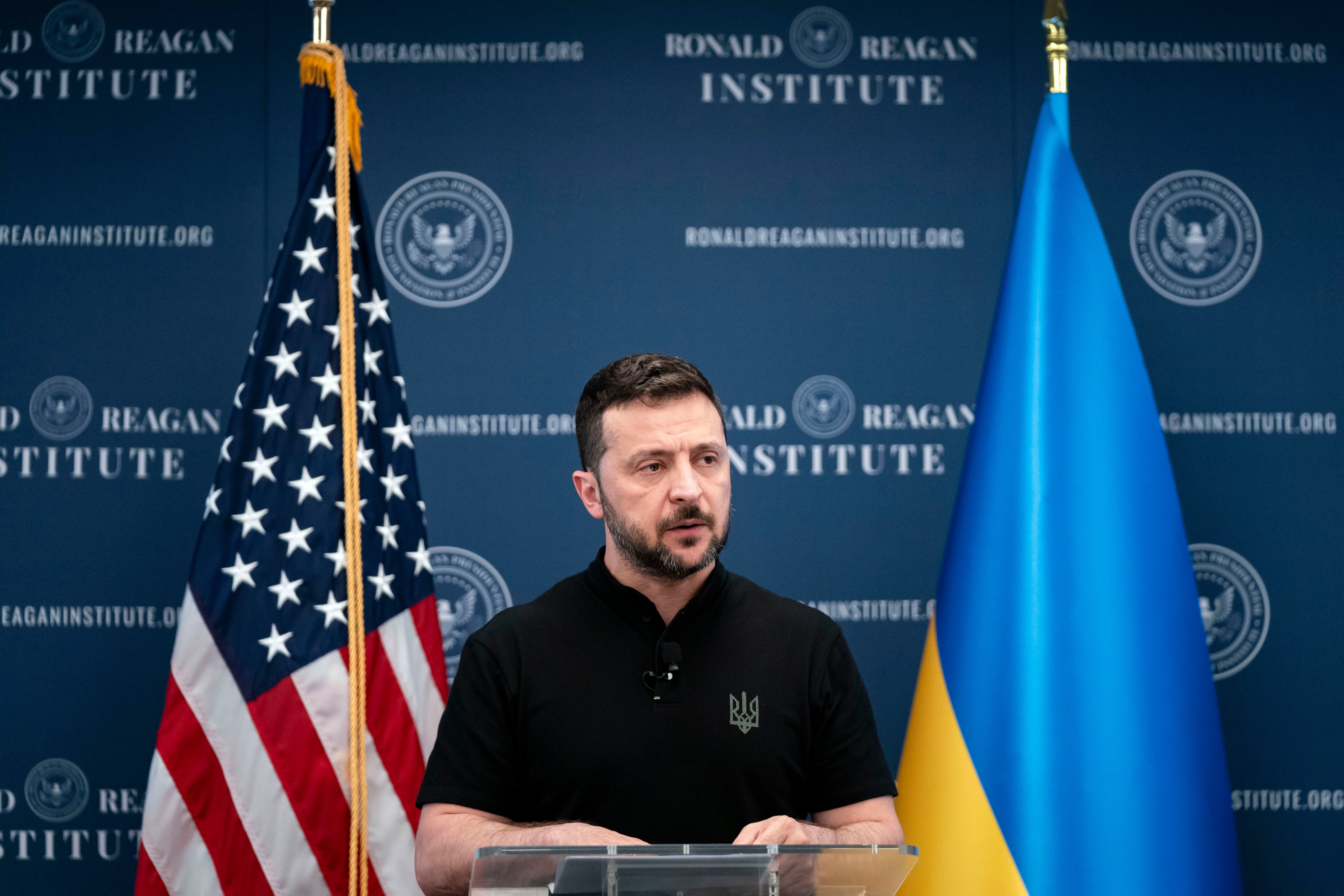 Ukrainian President Volodymyr Zelensky delivers remarks at the Ronald Reagan Presidential Foundation and Institute