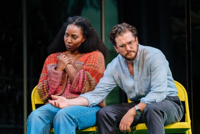 <p>Olivia Washington (Kaneisha) and Kit Harington (Jim) in ‘Slave Play’ at the Noël Coward Theatre</p>