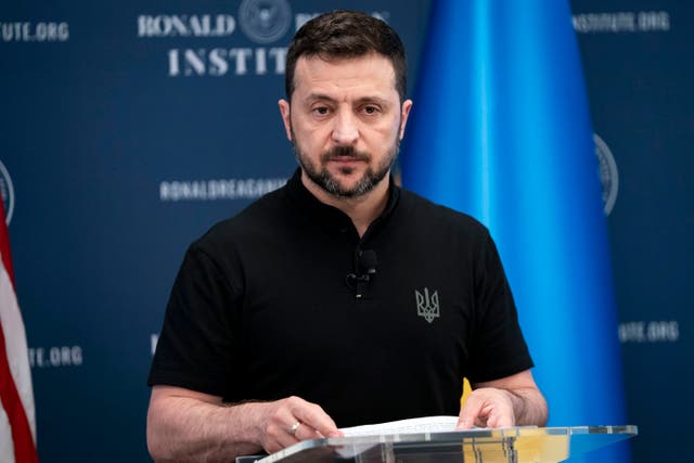<p>Ukrainian President Volodymyr Zelensky delivers remarks at the Ronald Reagan Presidential Foundation and Institute as leaders from all member NATO states gather for the 75th NATO Summit </p>
