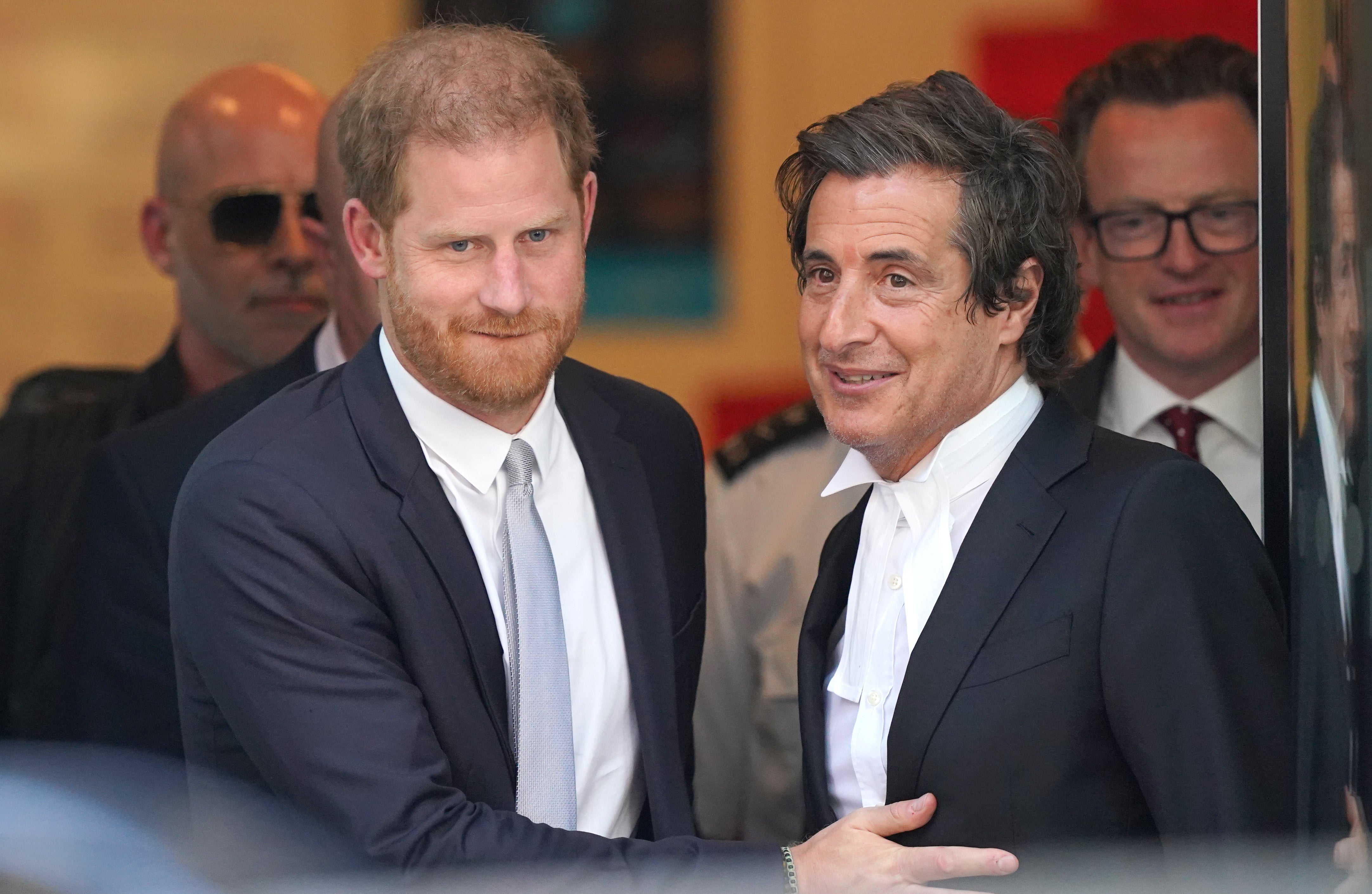 Harry with his barrister David Sherborne after giving evidence in the phone hacking trial against Mirror Group Newspapers in June 2023 (Jonathan Brady/PA)