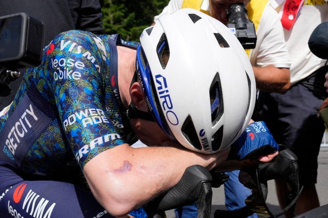 <p>Jonas Vingegaard reacts after winning stage 11 </p>