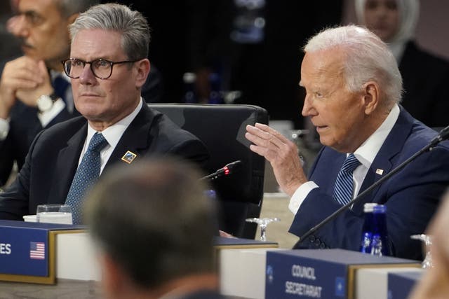 <p>Keir Starmer seated beside Joe Biden at Nato’s 75th anniversary summit in Washington on Wednesday</p>