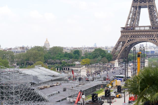 A general view of construction work near the Eiffel Tower, Paris, in preparation for the Paris Olympic Games which will start on July 26 (Adam Davy/PA)