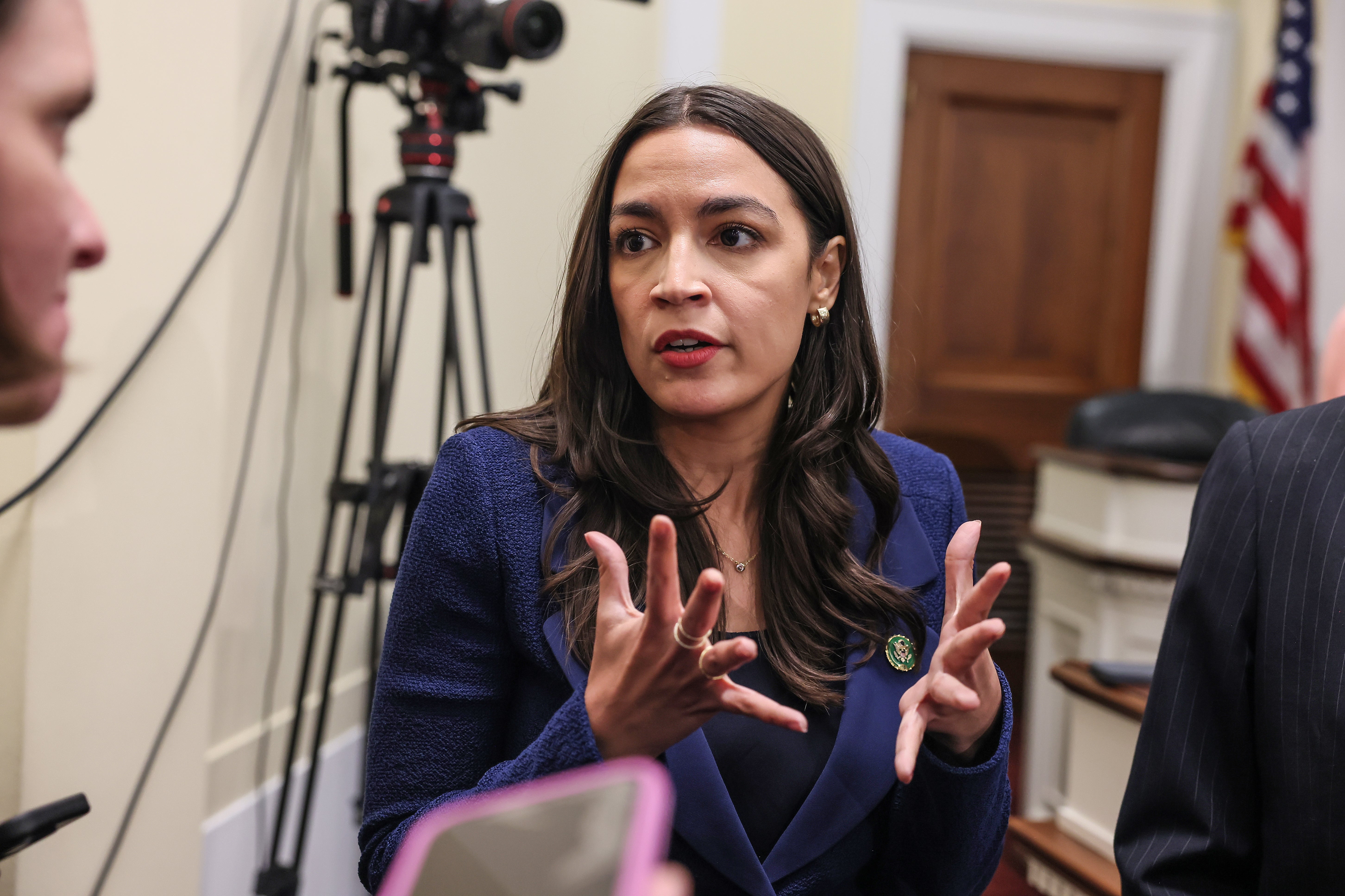 Rep. Alexandria Ocasio-Cortez (D-NY) speaks to journalists following a roundtable discussion on Supreme Court Ethics conducted by Democrats of the House Oversight and Accountability Committee at the Rayburn House Office Building on June 11, 2024 in Washington, DC