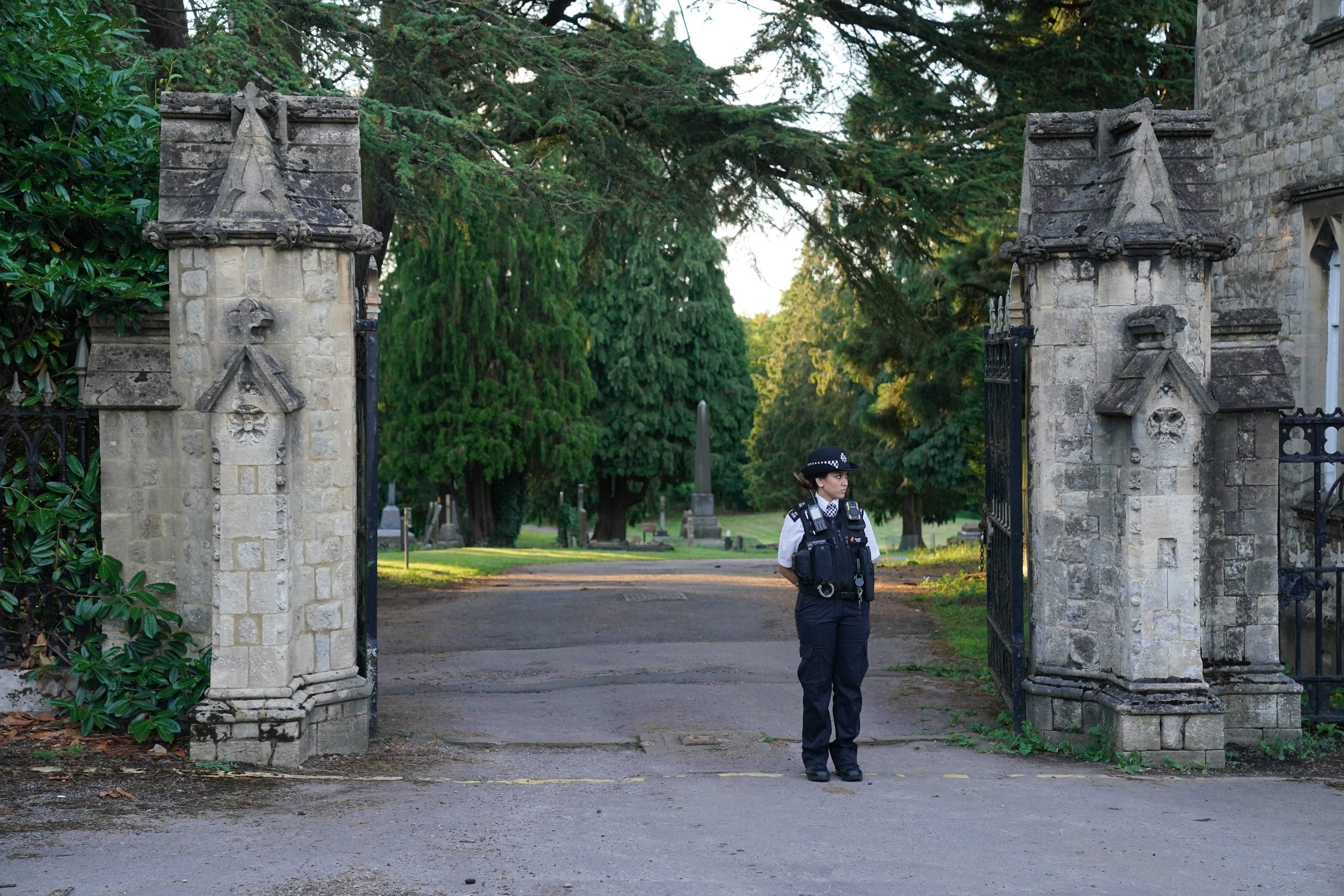 The entrance to Lavender cemetery in Enfield where triple murder suspect Kyle Clifford was found (Jonathan Brady/PA)