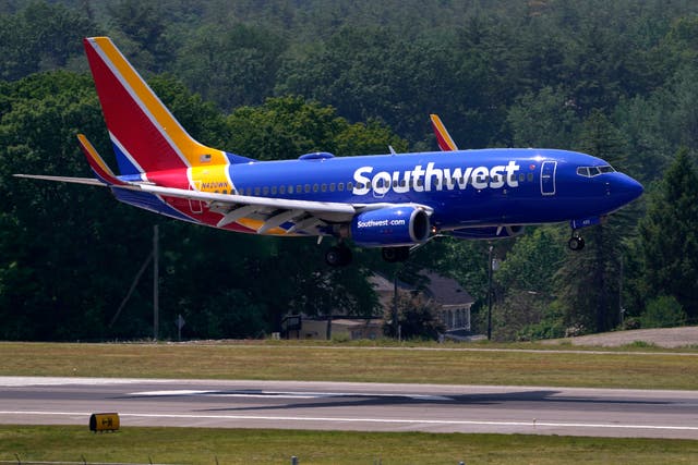<p>Southwest Airlines Boeing 737 lands at Manchester-Boston Regional Airport, June 2, 2023, in Manchester, New Hampshire</p>