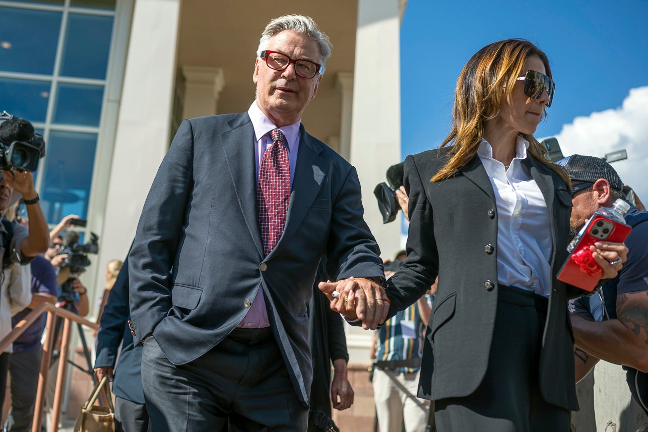 Actor Alec Baldwin and his wife Hilaria Baldwin leave District Court on Wednesday