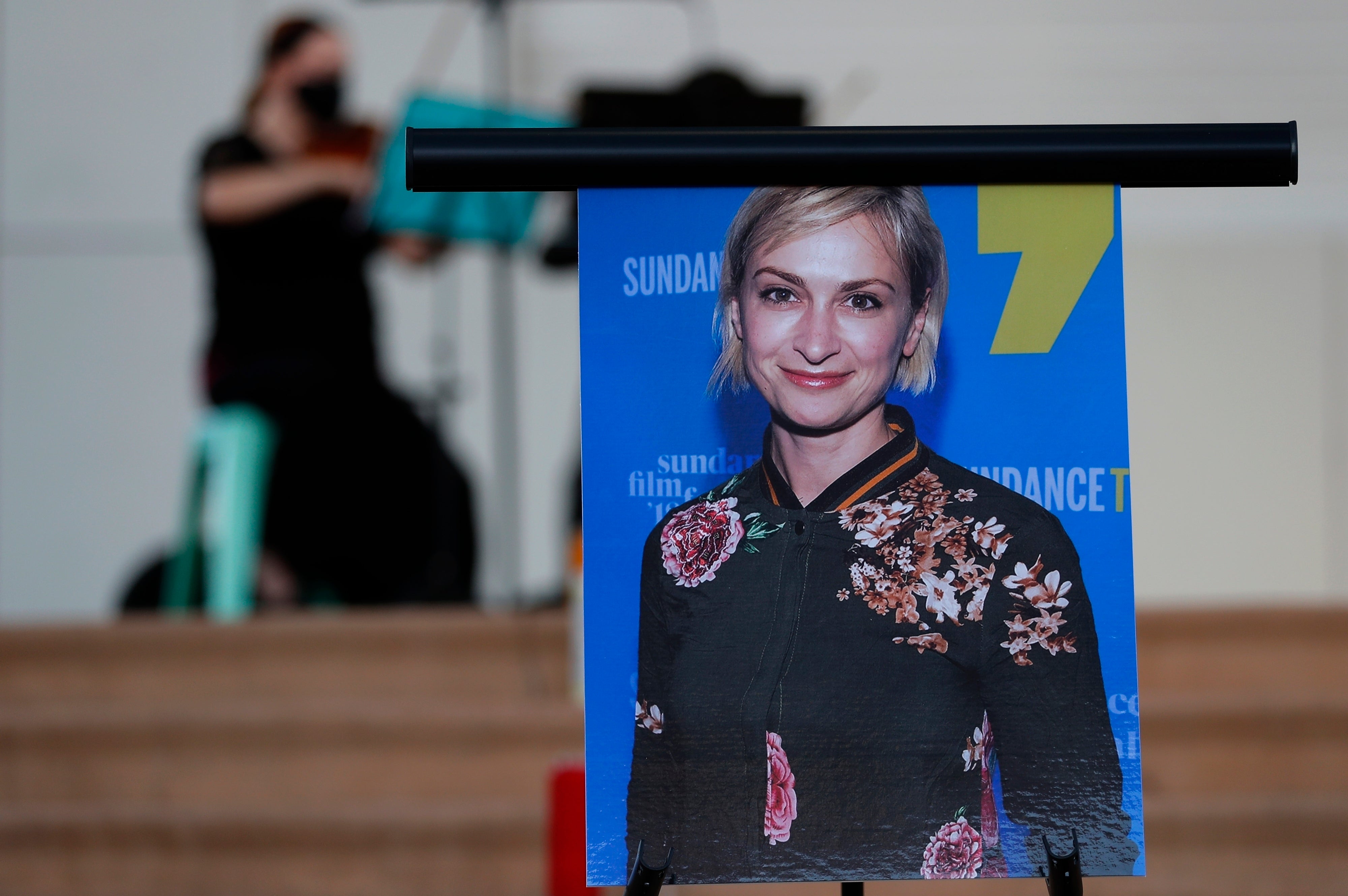 A photograph of cinematographer Halyna Hutchins during a vigil in her honour in Albuquerque