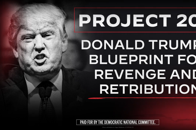 <p>A screengrab from a digital billboard campaign set to go up in front of the headquarters of the Heritage Foundation, one of the main conservative organizations behind Project 2025, in Washington DC</p>