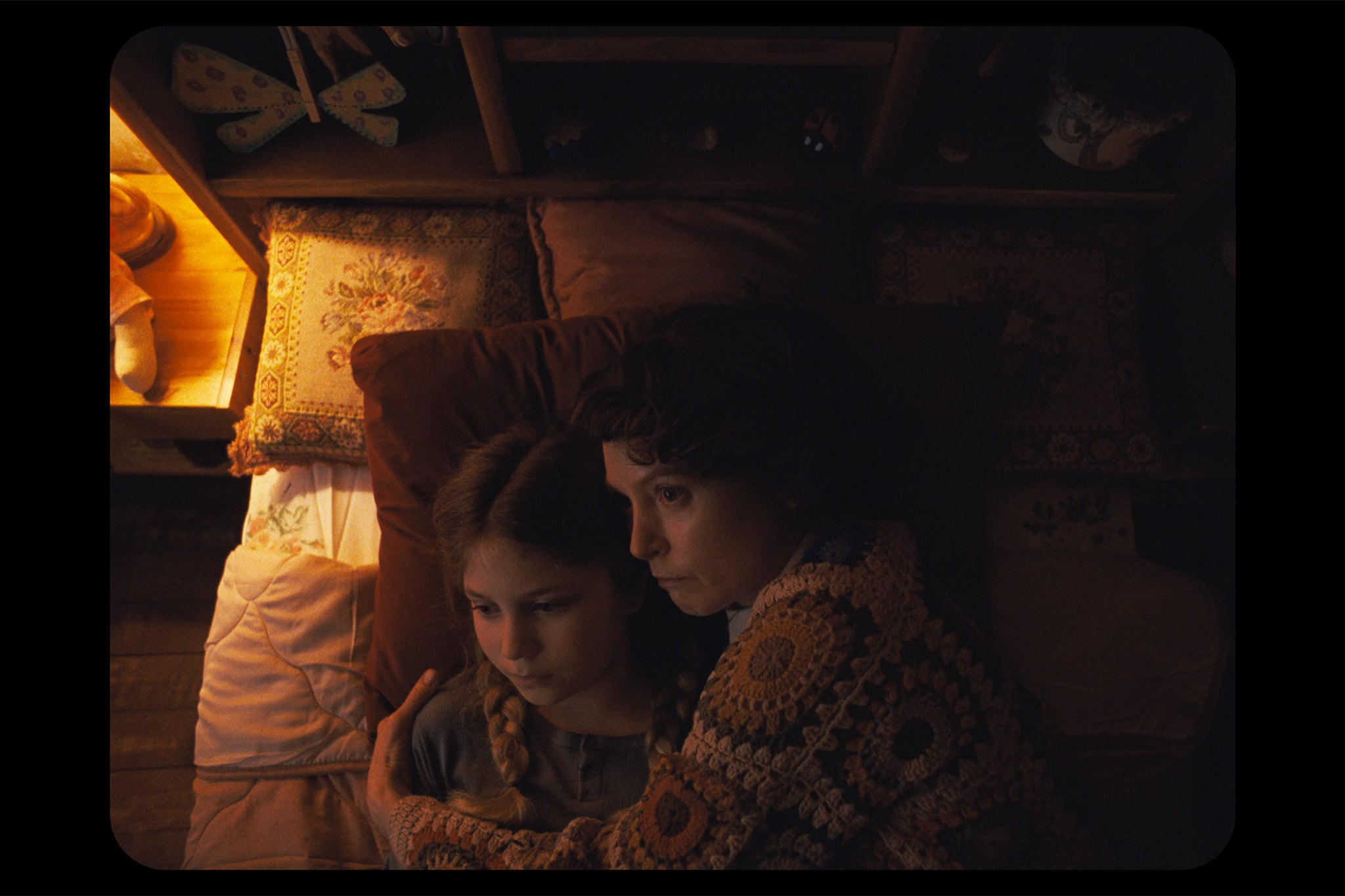 Cathartic: Witt’s Ruth cradles her daughter Lee (Lauren Acala) in a flashback sequence in ‘Longlegs’