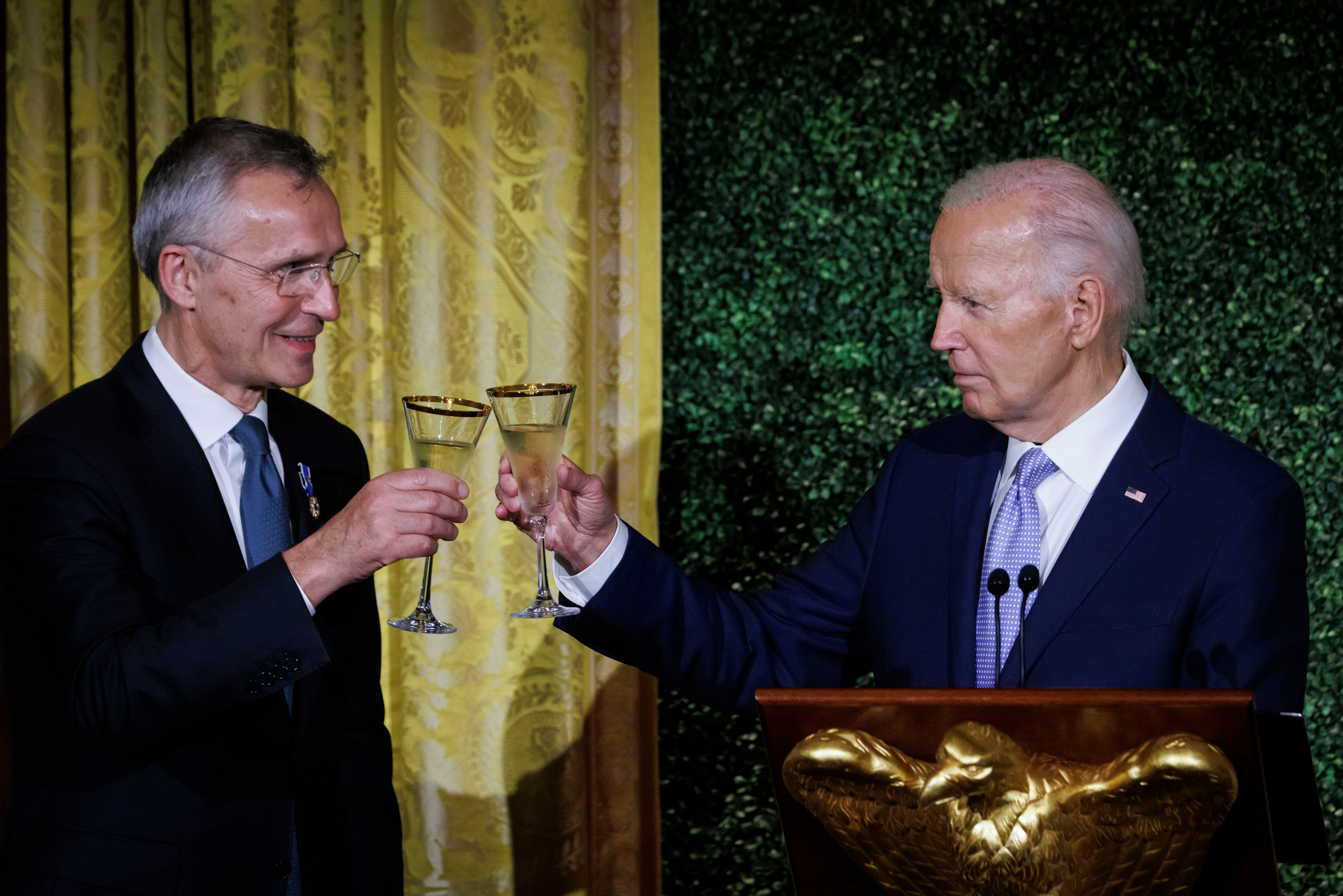 President Joe Biden toasts Jens Stoltenberg, Nato’s Secretary General, during a dinner with Nato allies and partners in the East Room of the White House in Washington DC on 10 July 2024