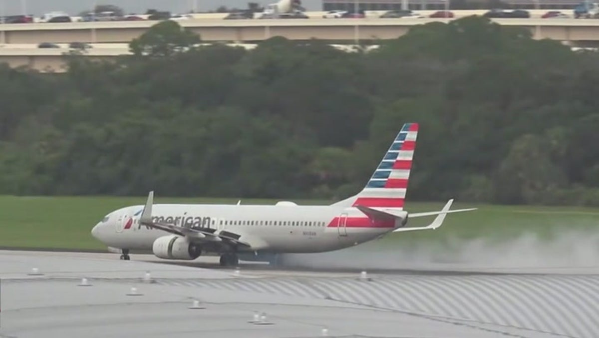 Watch: American Airlines plane tire catches fire and explodes during takeoff