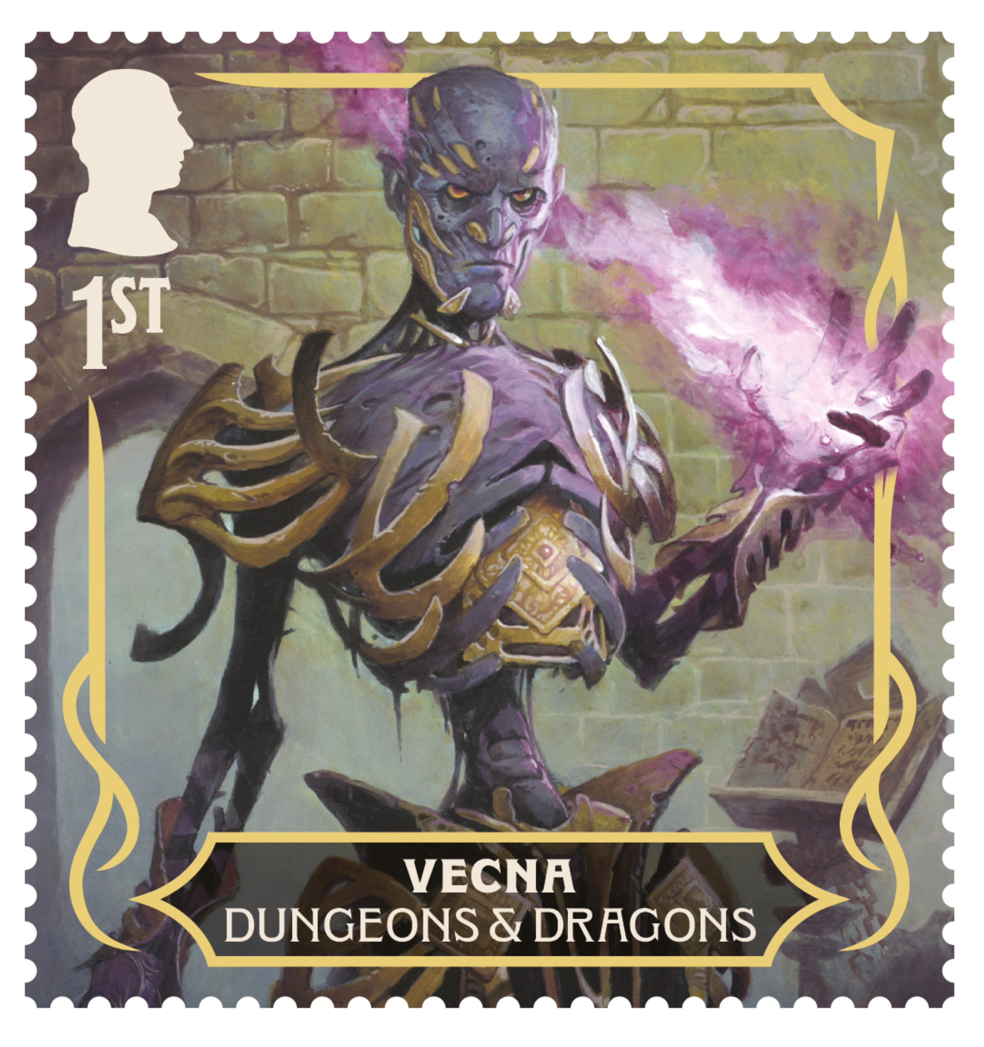 Quatre des timbres monstres, Vecna, Red Dragon, Mimic et Beholder, révèlent un graphisme spécial sous lumière ultraviolette (Royal Mail/PA)