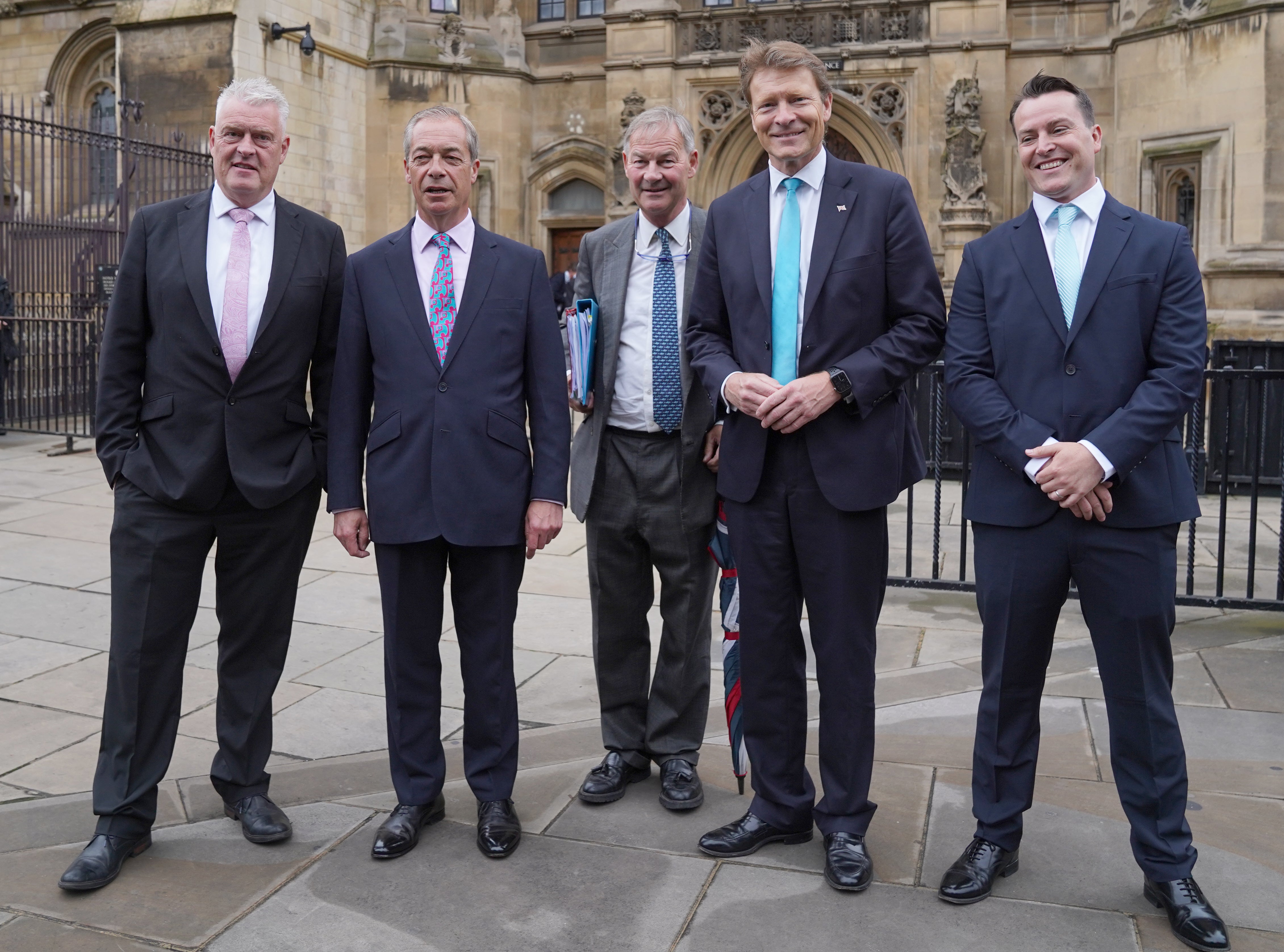 (left to right) Lee Anderson MP, Reform UK leader Nigel Farage, Rupert Lowe MP, Reform UK chairman Richard Tice and James McMurdock MP (Maja Smiejkowska/PA)