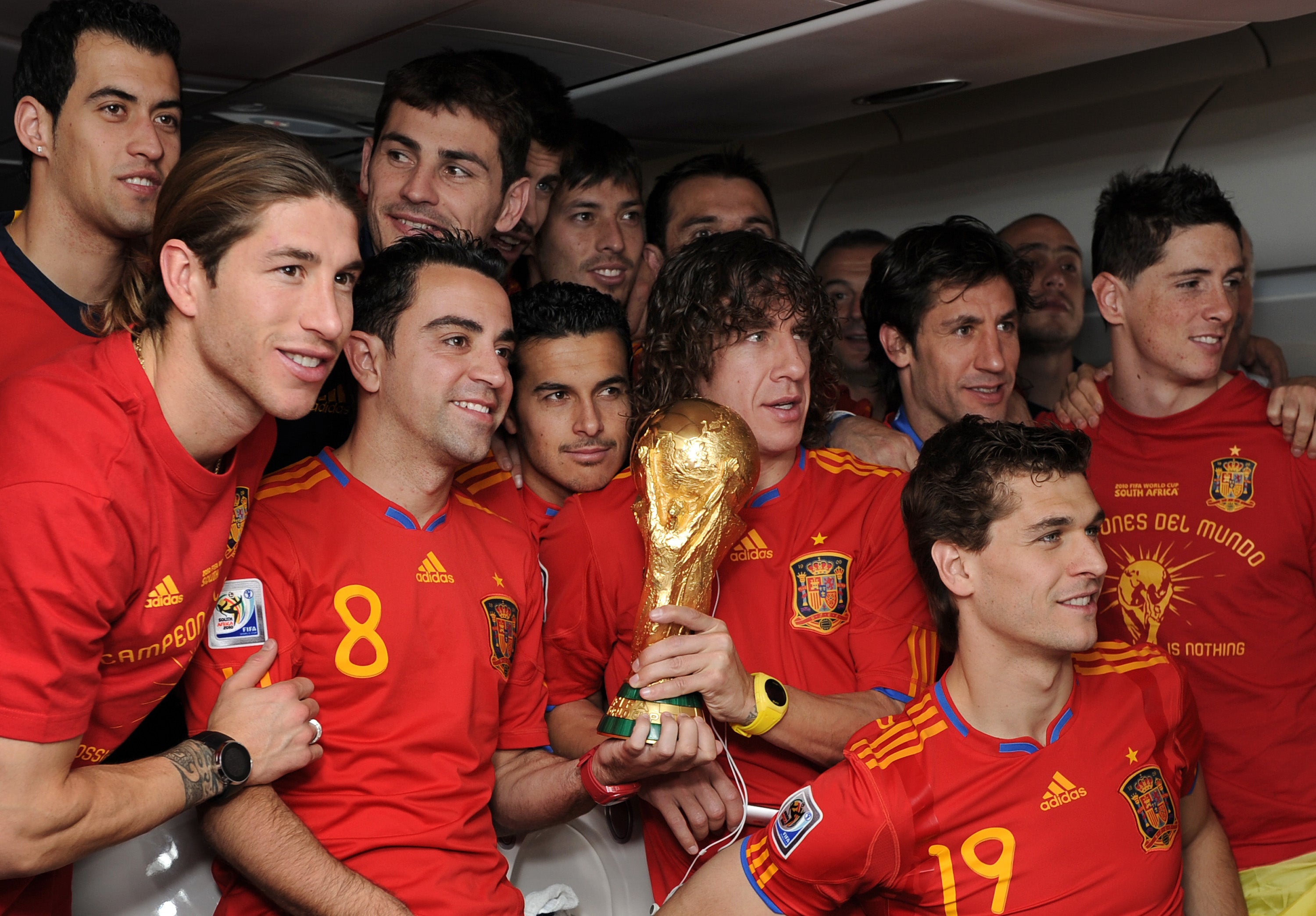 Sergio Ramos, Xavi Hernandez, Pedro Rodriguez, Carles Puyol, Fernando Llorente and Fernando Torres their 2010 World Cup win