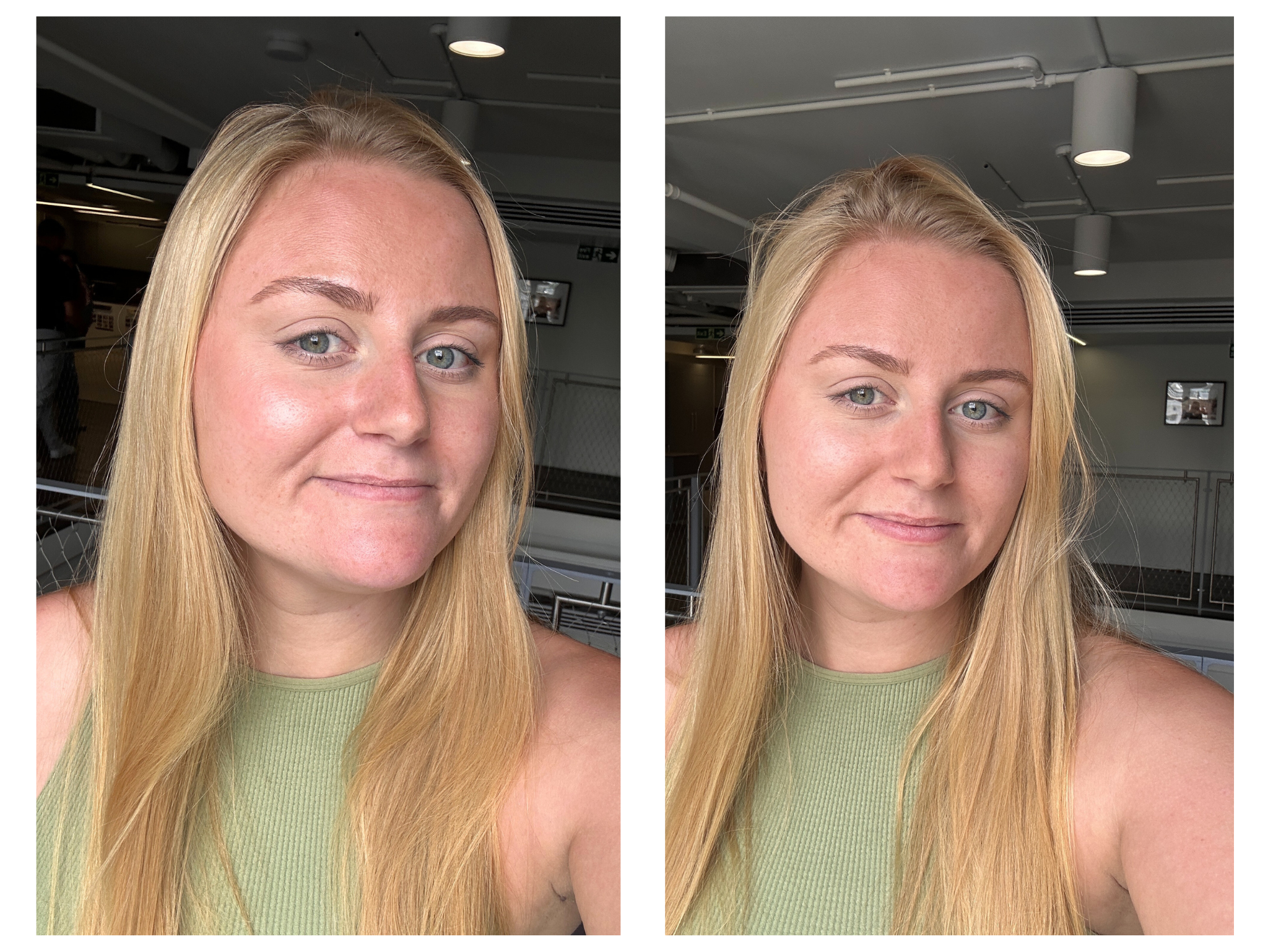 The state of my skin and its shine around midday (left) and then immediately after applying the all nighter powder (right)