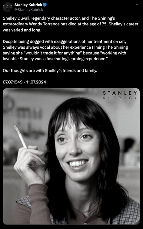 ‘Shelley’s career was varied and long,’ the Stanley Kubrick estate posted on X