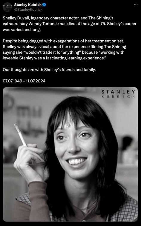 “Shelley's career was varied and long,” the Stanley Kubrick legacy posted on X