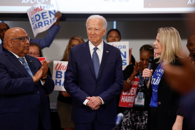 <p>Joe Biden attends a campaign event with national union leaders on July 10 in Washington DC. </p>