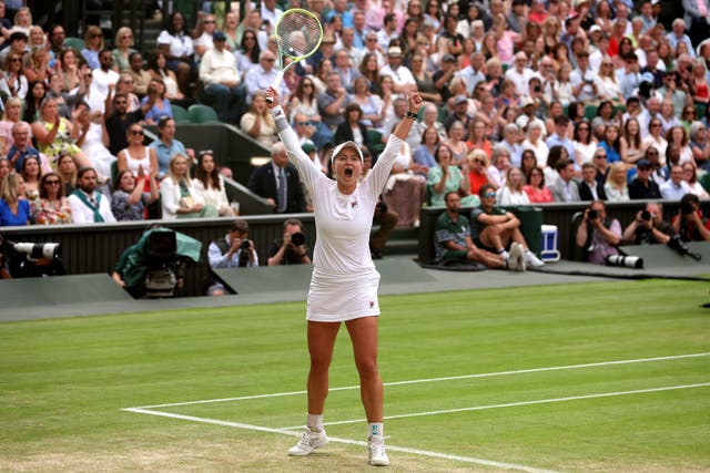 <p>Barbora Krejcikova celebrates her three-set win over Elena Rybakina</p>