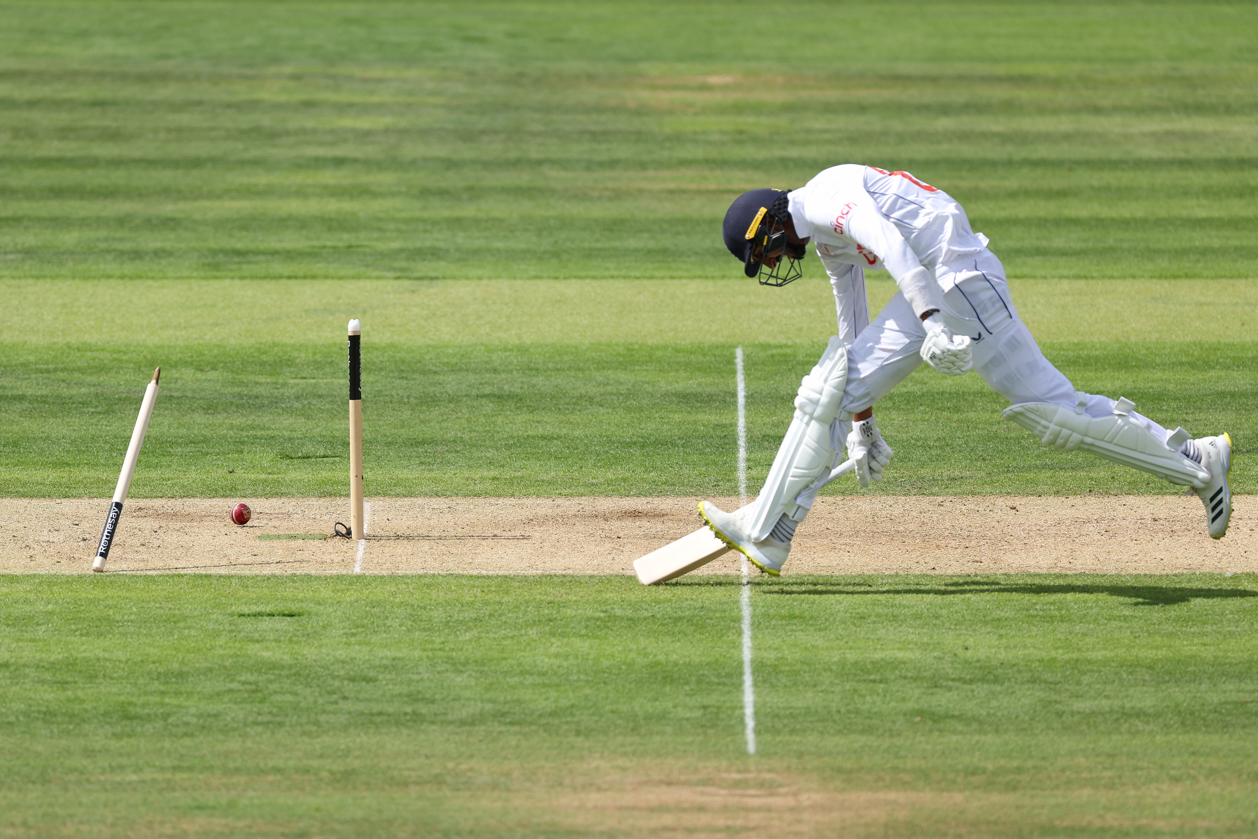 Mikyle Louis takes the wicket of Shoaib Bashir to spark joyous celebrations (Steven Paston/PA)