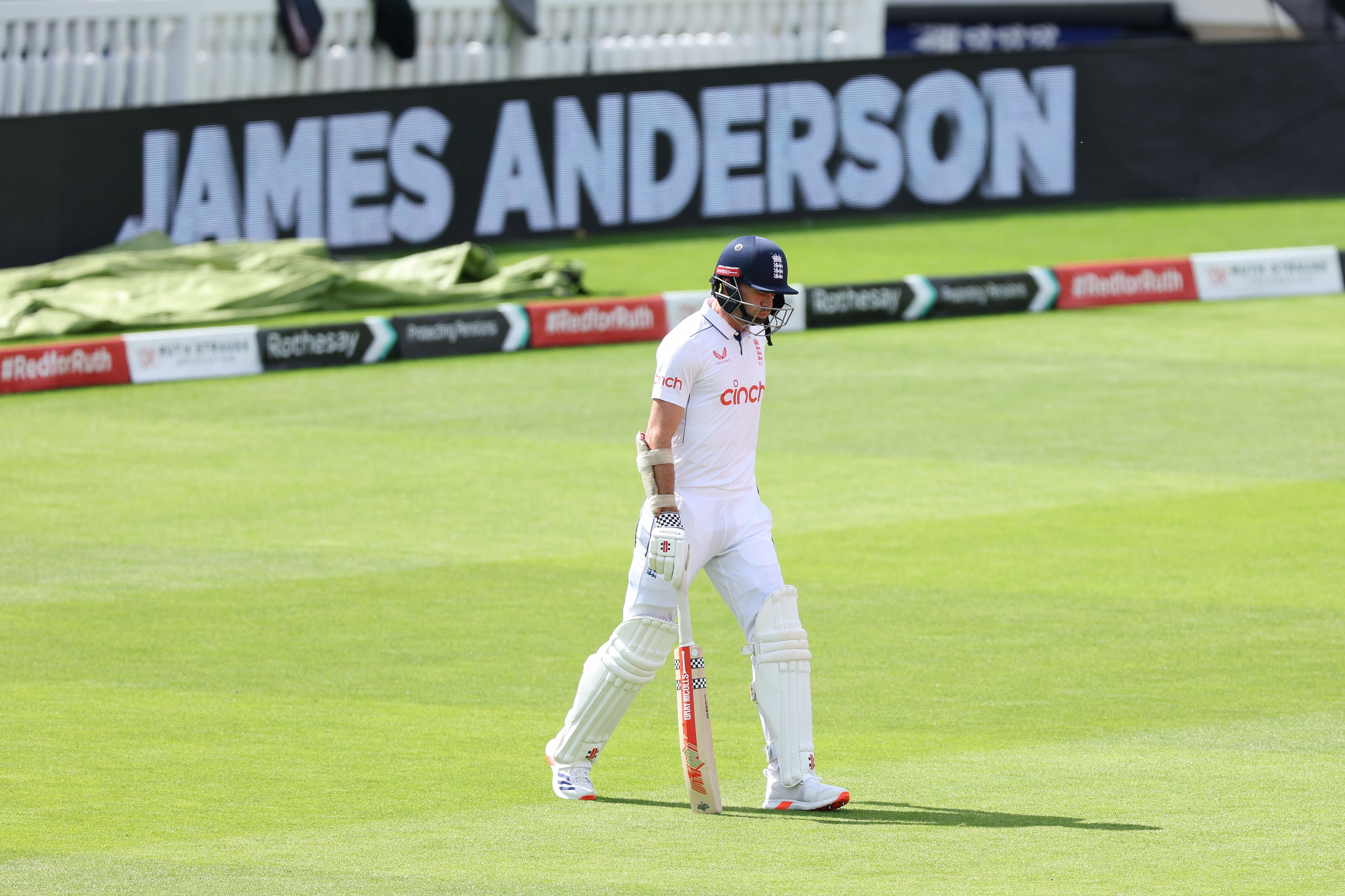 James Anderson walks out to bat for what is likely to be the final time in Test cricket (Steven Paston/PA)