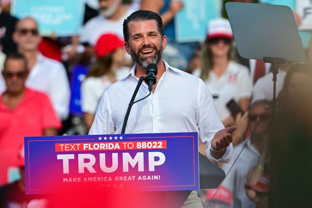 <p>Donald Trump Jr speaks during a campaign rally for his father, former US President and Republican presidential candidate Donald Trump, in Doral, Florida, on July 9, 2024</p>