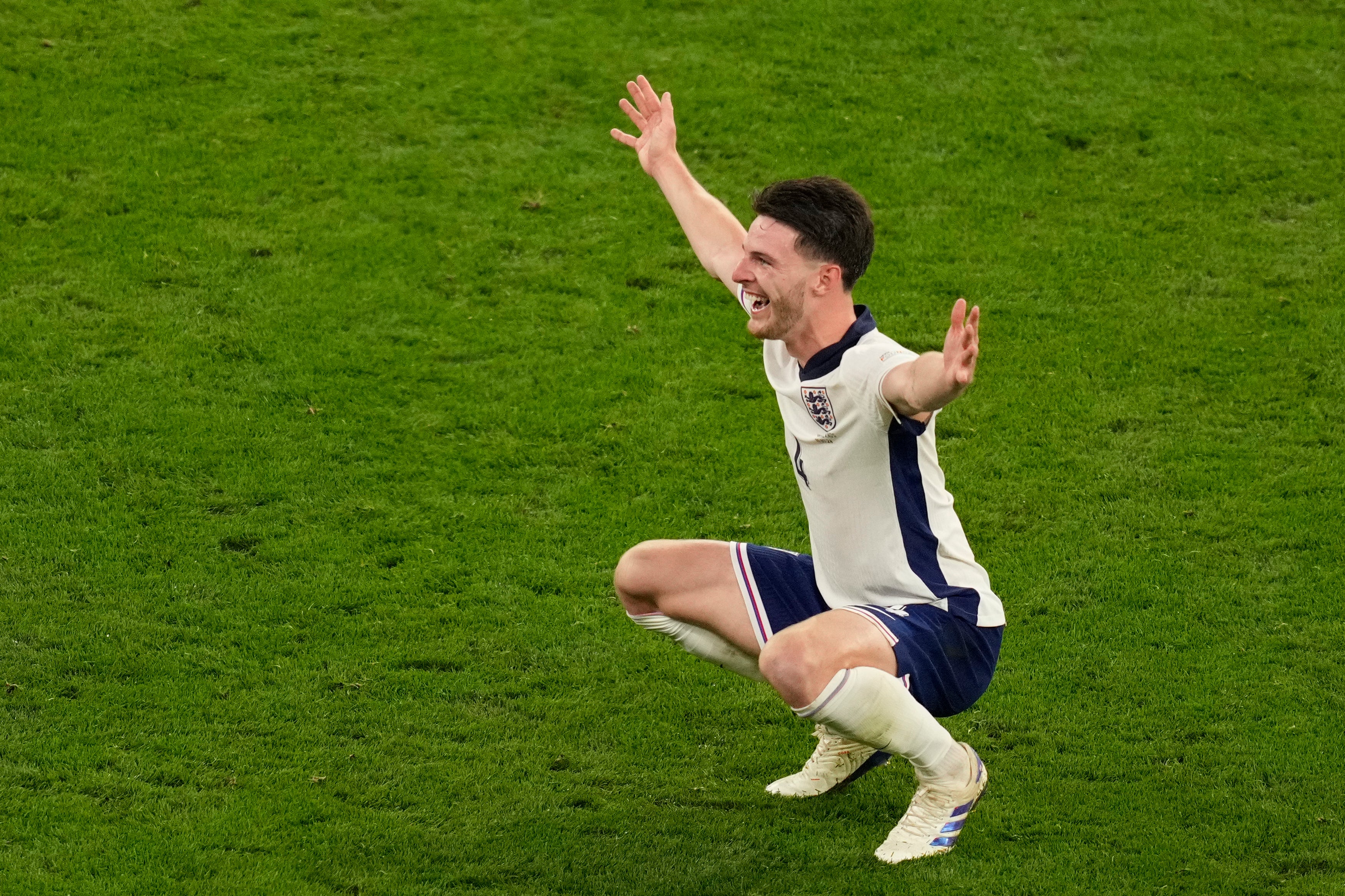 England’s Declan Rice celebrates at the end of the win over the Netherlands. (Andreea Alexandru/AP)