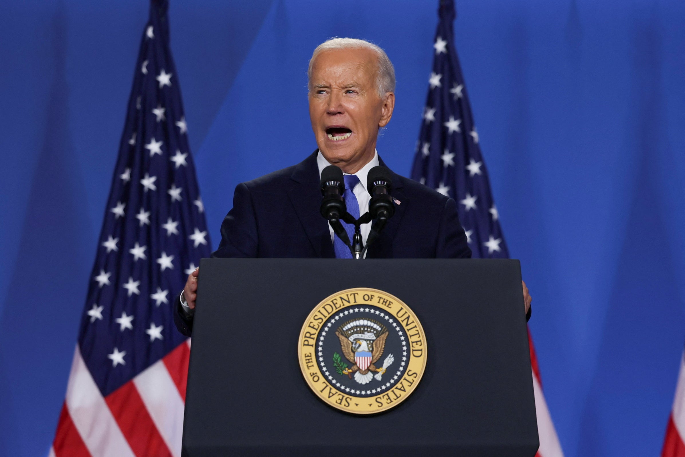 President Joe Biden holds a press conference in Washington DC on July 11 during a NATO summit recognizing the alliance’s 75th annivery.