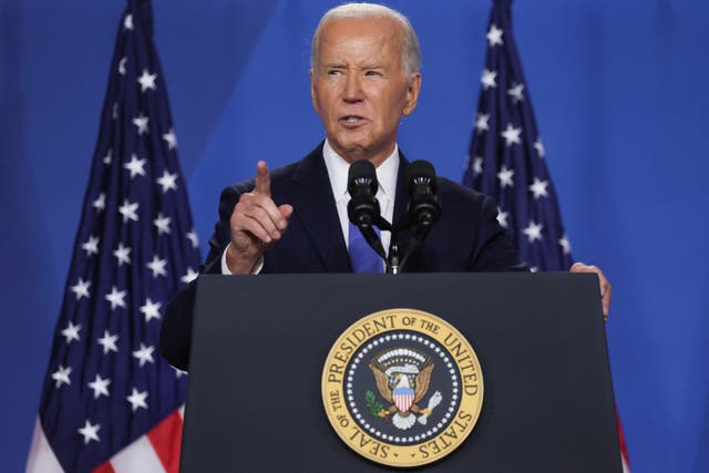 <p>President Joe Biden holds a press conference on July 11 after the Nato summit. He accidentally referred to Vice President Kamala Harris as “Vice President Trump” as he answered his first question at the closely watched, high-stakes press conference</p>