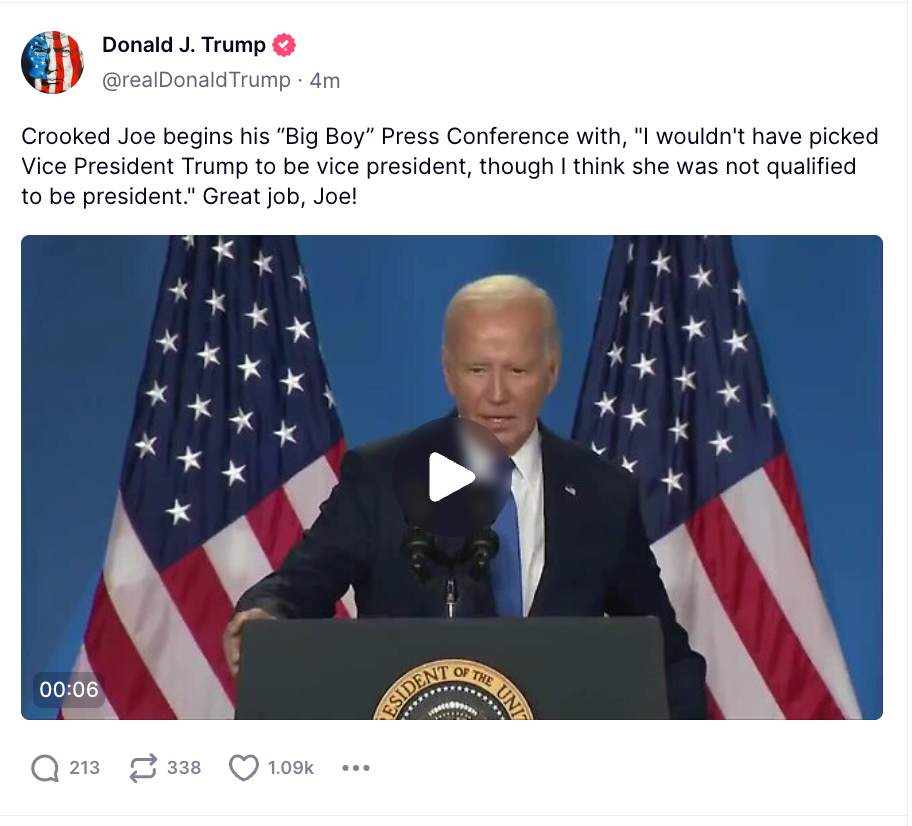 Trump delighted in Biden’s press conference slip-up, during which he confused Kamala Harris with his political rival