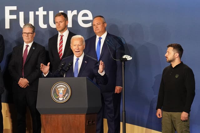 Prime Minister Sir Keir Starmer (left) and Ukrainian President Volodymyr Zelensky (right) look on as US President Joe Biden speaks (Stefan Rousseau/PA)