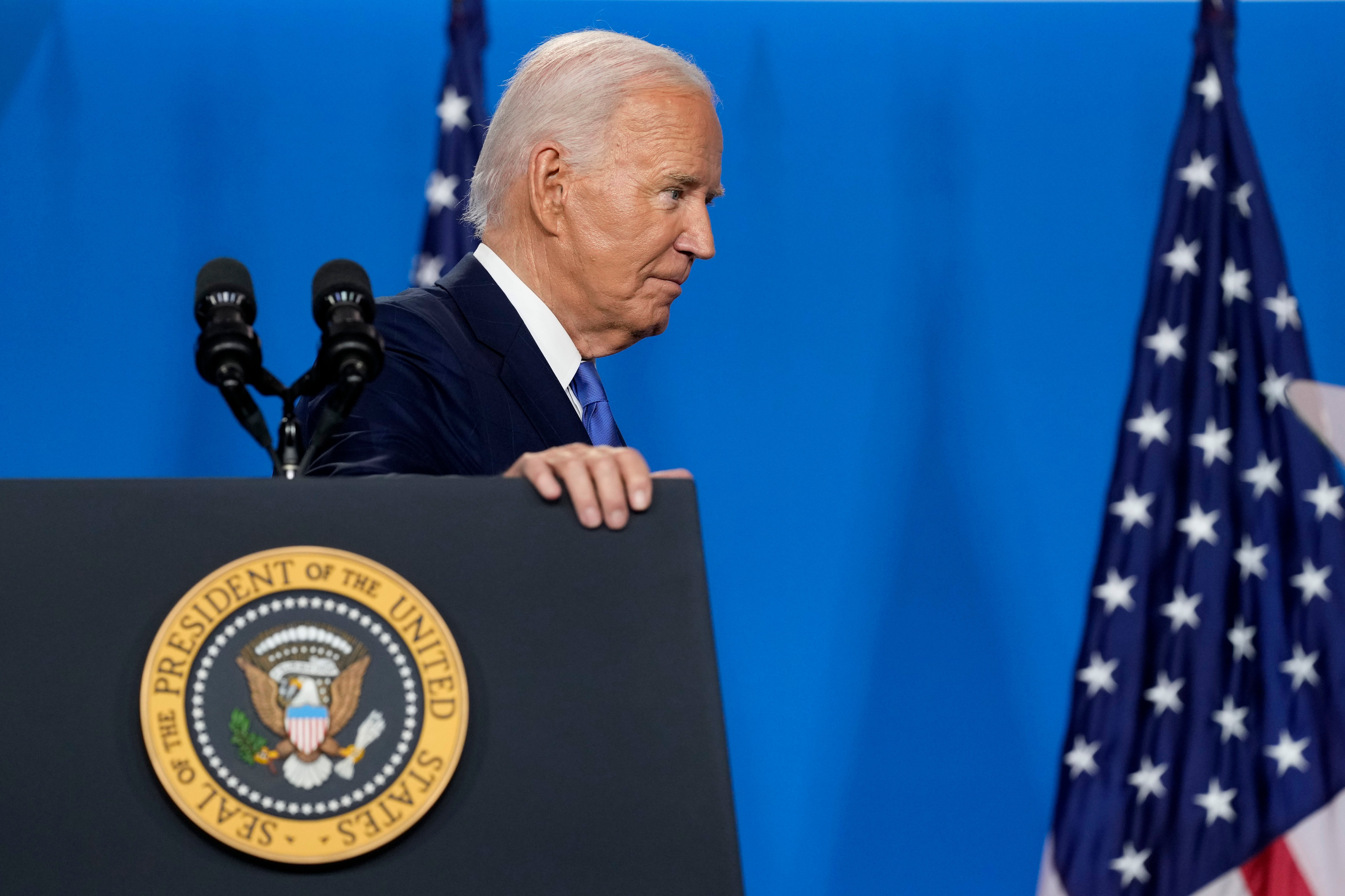 President Joe Biden departs after speaking at a news conference following the NATO Summit in Washington, Thursday, July 11, 2024