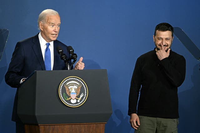<p>Joe Biden corrects himself at the Nato summit after accidentally introducing Ukraine’s Volodymyr Zelensky as ‘President Putin’ </p>