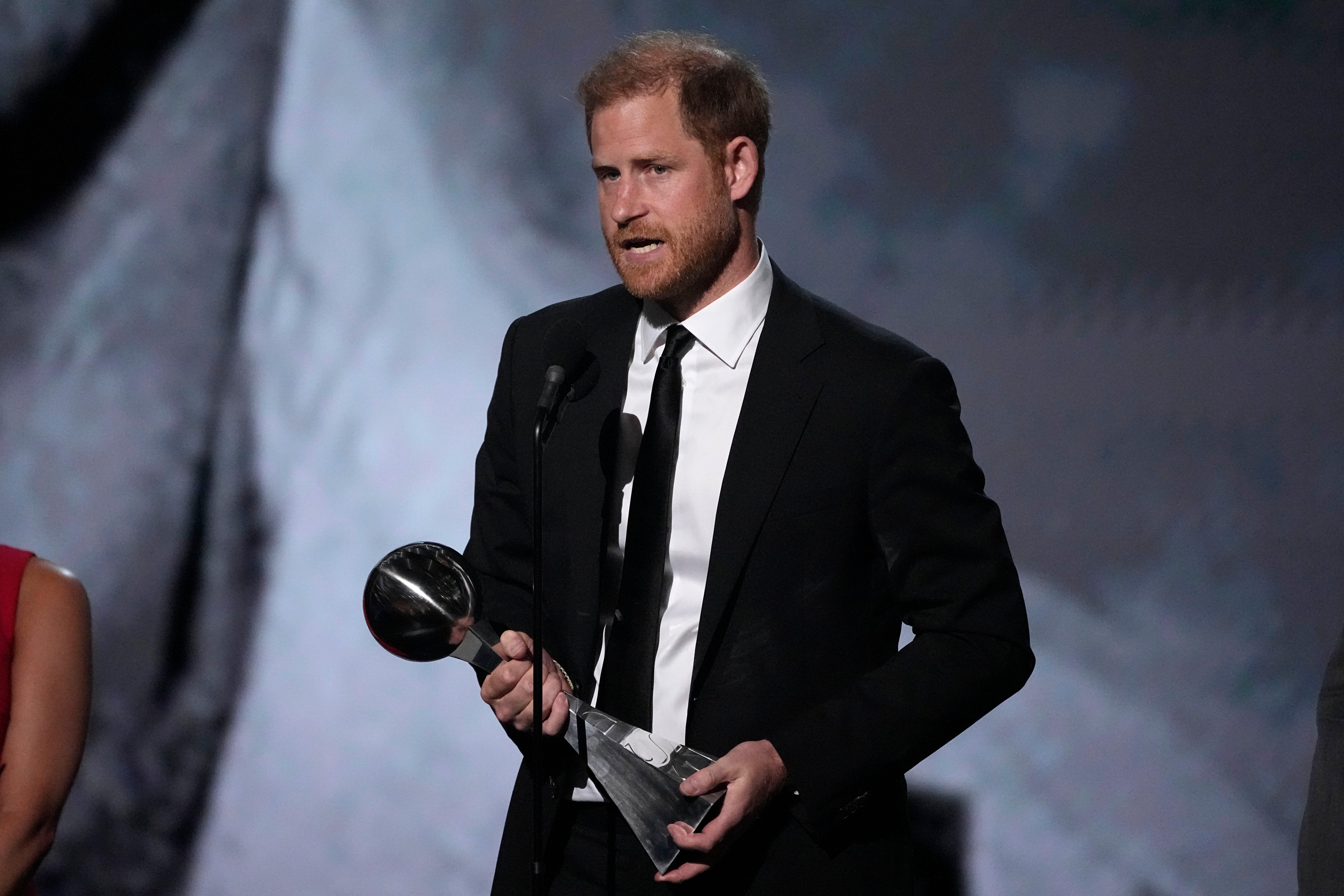 Prince Harry speaks after receiving the Pat Tillman Service Award at the ESPY Awards.