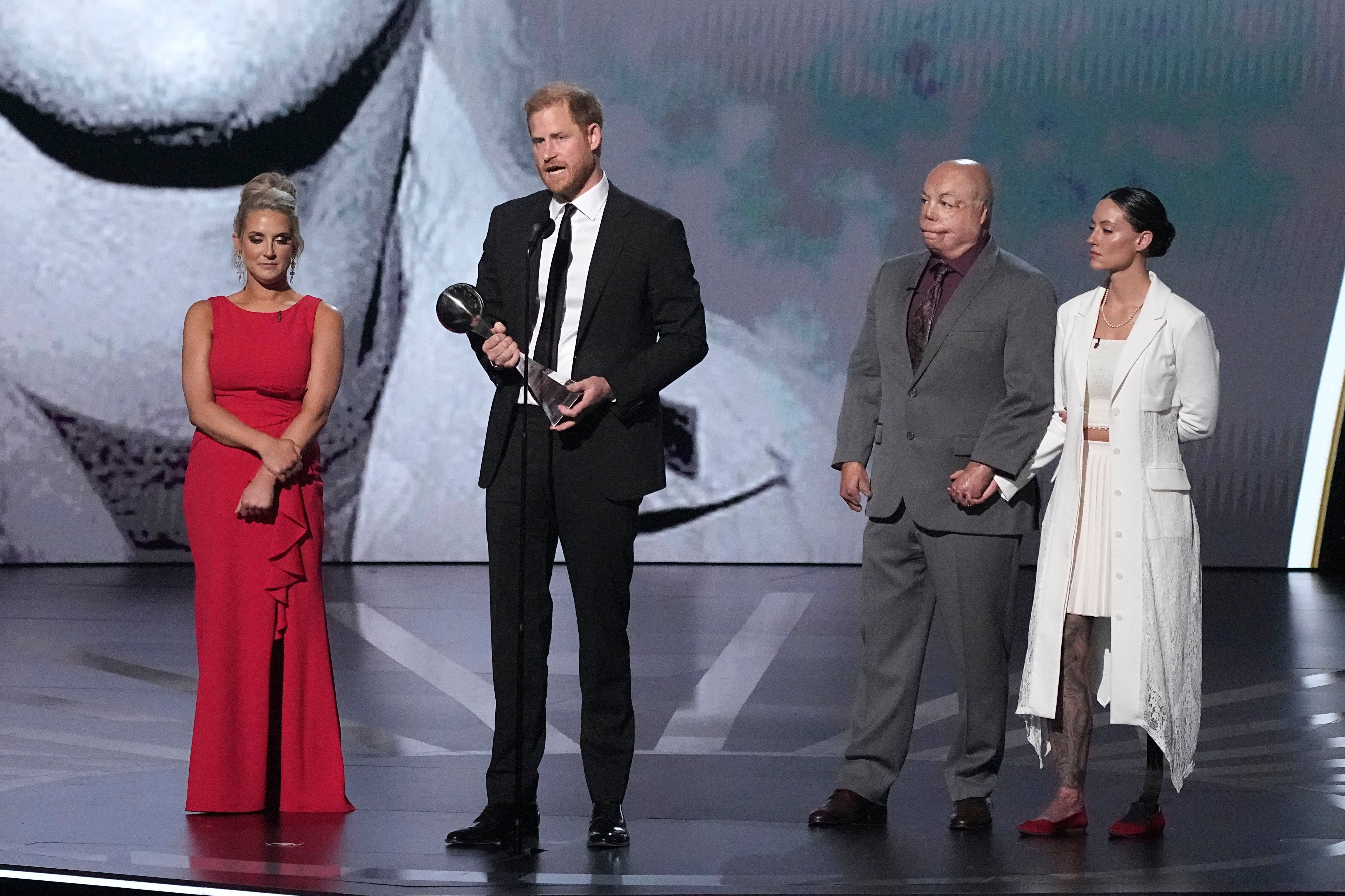 Prince Harry speaks after receiving the Pat Tillman Award For Service at the ESPY Awards (Mark J Terrill/PA)