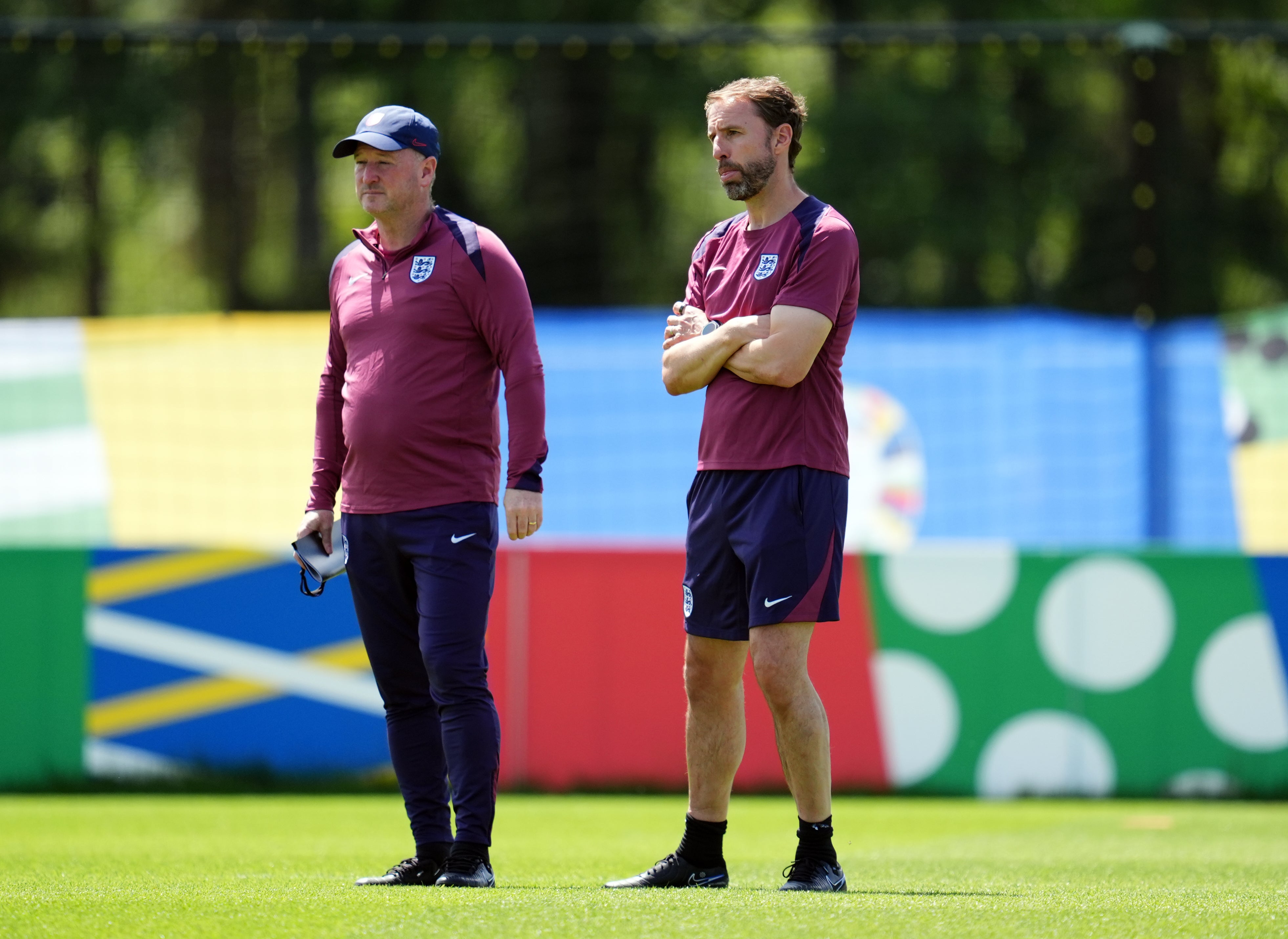 England manager Gareth Southgate and assistant Steve Holland during a training in Blankenhain (Adam Davy/PA)