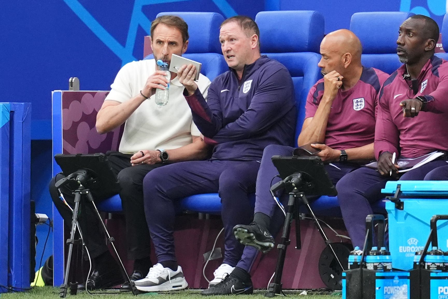England boss Gareth Southgate with backroom staff Steve Holland, Paul Nevin and Jimmy Floyd Hasselbaink (Adam Davy/PA)